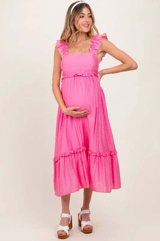 Geometric - Patterned Casual Dresses for a Modern Style Pink Ruffle Strap Square Neck Maternity Midi Dress Geometric - Patterned Casual Dresses for a Modern Style Pink Ruffle Strap Square Neck Maternity Midi Dress