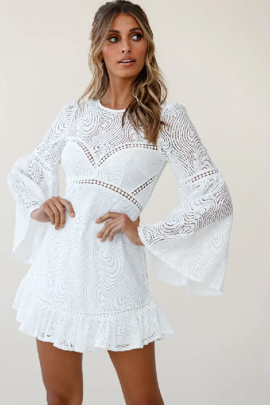 Denim mini dresses with distressed details Sky High Long Bell Sleeve Crochet Embroidery Dress White Denim mini dresses with distressed details Sky High Long Bell Sleeve Crochet Embroidery Dress White