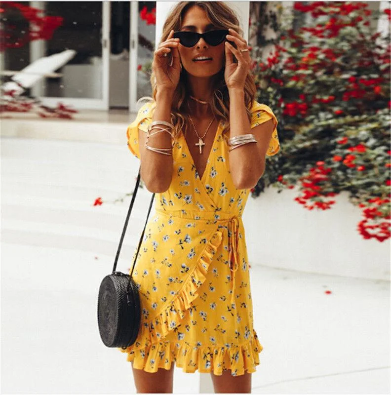 Mini dresses with pom - pom trims for a playful feel FashionSierra - Women Short Sleeve Wrap Boho Floral Mini Dress Mini dresses with pom - pom trims for a playful feel FashionSierra - Women Short Sleeve Wrap Boho Floral Mini Dress