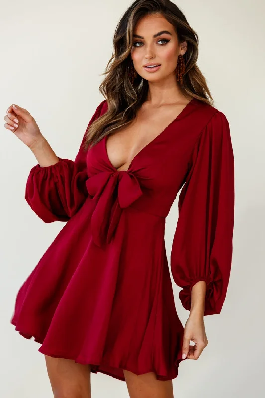 Mini dresses with empire waists for a flattering fit Madison Bow Tie Bust Balloon Sleeve Dress Wine Mini dresses with empire waists for a flattering fit Madison Bow Tie Bust Balloon Sleeve Dress Wine