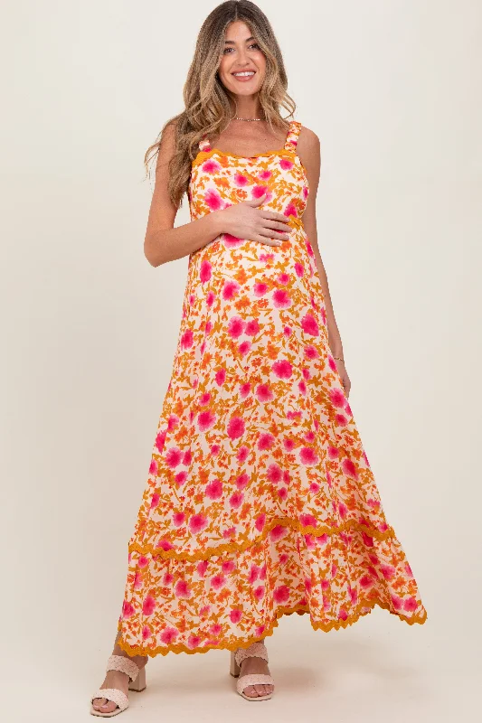 Summer - Appropriate Casual Dresses in Lightweight Materials Peach Floral Contrast Wavy Trim Maternity Maxi Dress Summer - Appropriate Casual Dresses in Lightweight Materials Peach Floral Contrast Wavy Trim Maternity Maxi Dress