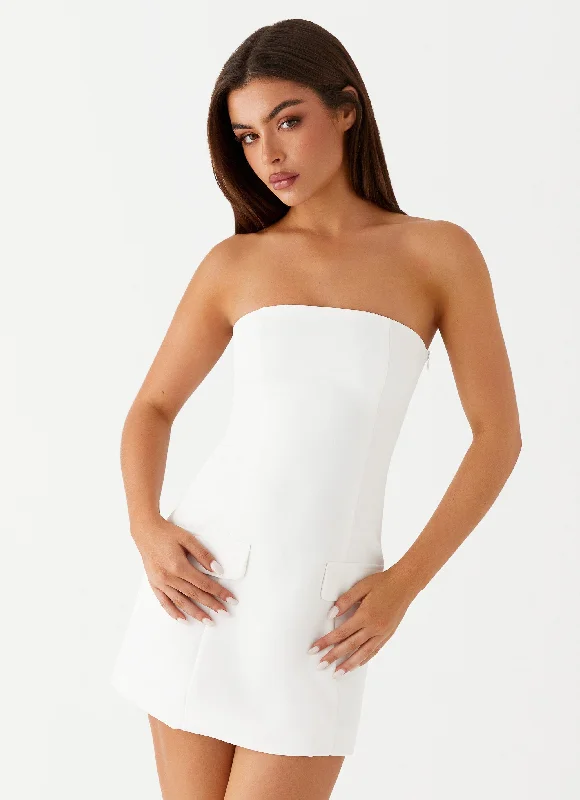 Detachable - Sleeve Casual Dresses for Versatility Allora Strapless Mini Dress - White Detachable - Sleeve Casual Dresses for Versatility Allora Strapless Mini Dress - White