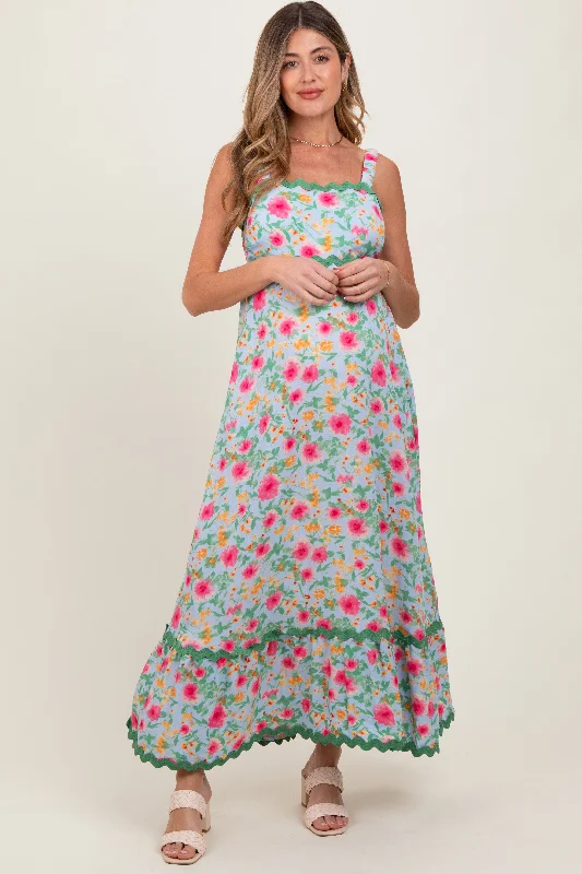 Zip - Front Casual Dresses for Easy On and Off Blue Floral Contrast Wavy Trim Maternity Maxi Dress Zip - Front Casual Dresses for Easy On and Off Blue Floral Contrast Wavy Trim Maternity Maxi Dress