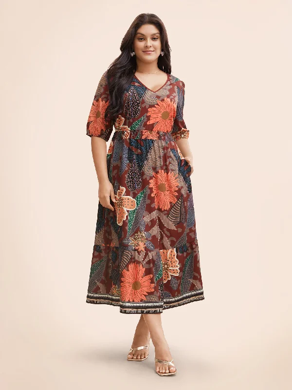 Short - Sleeve Casual Dresses with Printed Graphics Floral Shirred Lantern Sleeve Midi Dress Short - Sleeve Casual Dresses with Printed Graphics Floral Shirred Lantern Sleeve Midi Dress