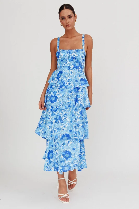Boho Style Casual Dresses with Fringe Details​ Provence Bloom Tiered Floral Maxi Dress Blue