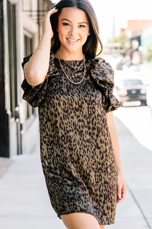 Feathered - Trimmed Casual Dresses for a Dramatic Look Give You A Look Olive Green Leopard Shift Dress Feathered - Trimmed Casual Dresses for a Dramatic Look Give You A Look Olive Green Leopard Shift Dress