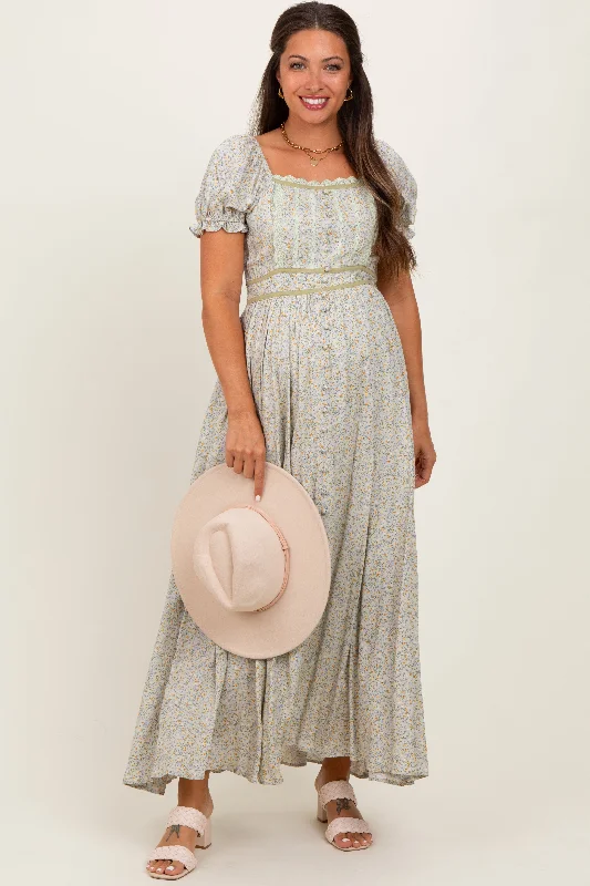 Knit Casual Dresses in Chunky Patterns Light Olive Floral Lace Trim Maternity Maxi Dress Knit Casual Dresses in Chunky Patterns Light Olive Floral Lace Trim Maternity Maxi Dress