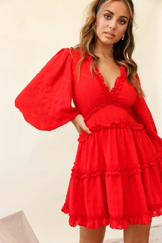 Mini dresses with bow accents for a sweet look Laney Cutout Back Ruffle Trim Dress Red Mini dresses with bow accents for a sweet look Laney Cutout Back Ruffle Trim Dress Red