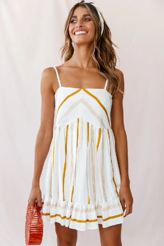 Mini dresses with high - low hems for a modern twist Elsie Square Neckline Frill Hem Swing Dress Stripe Print Mustard Mini dresses with high - low hems for a modern twist Elsie Square Neckline Frill Hem Swing Dress Stripe Print Mustard
