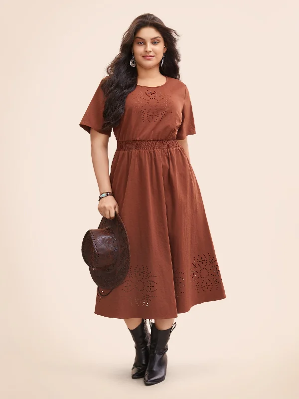 Polyester - Cotton Blend Casual Dresses​ Floral Burnout Stretchy Waist Midi Dress
