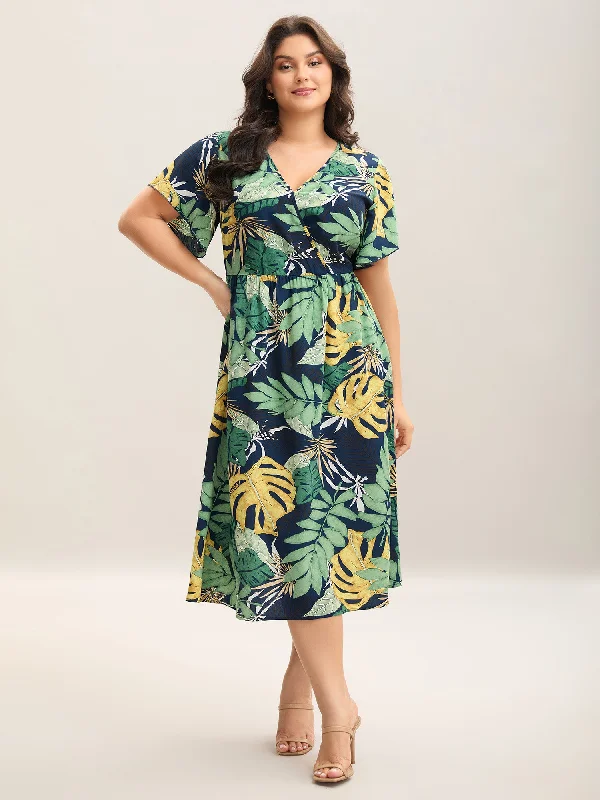 Detachable - Sleeve Casual Dresses for Versatility Breezy Tropical Print Pockets Midi Dress Detachable - Sleeve Casual Dresses for Versatility Breezy Tropical Print Pockets Midi Dress