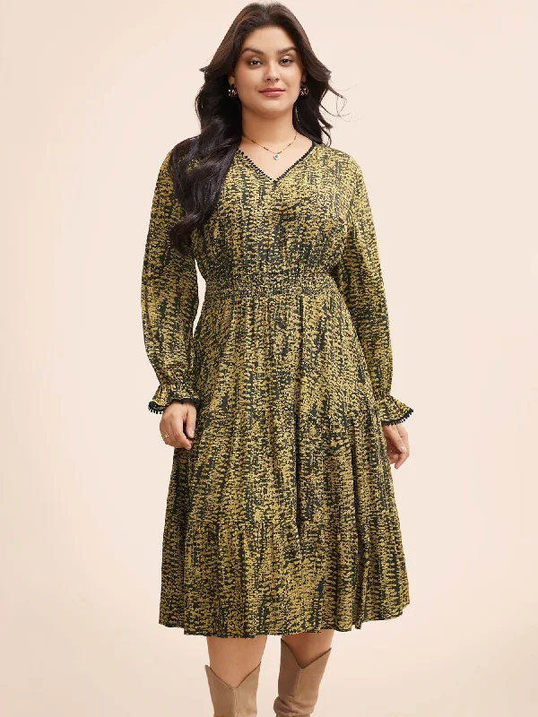 DIY - Inspired Casual Dresses with Customizable Elements Geometric Print Pompom Trim Ruffles Dress DIY - Inspired Casual Dresses with Customizable Elements Geometric Print Pompom Trim Ruffles Dress