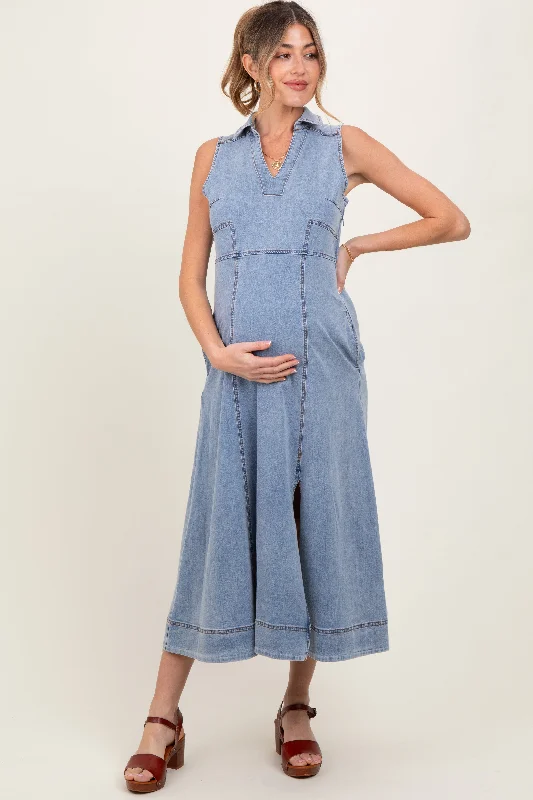 Floral Printed Casual Dresses for Summer Blue Medium Wash Collared Denim Flare Maternity Midi Dress Floral Printed Casual Dresses for Summer Blue Medium Wash Collared Denim Flare Maternity Midi Dress
