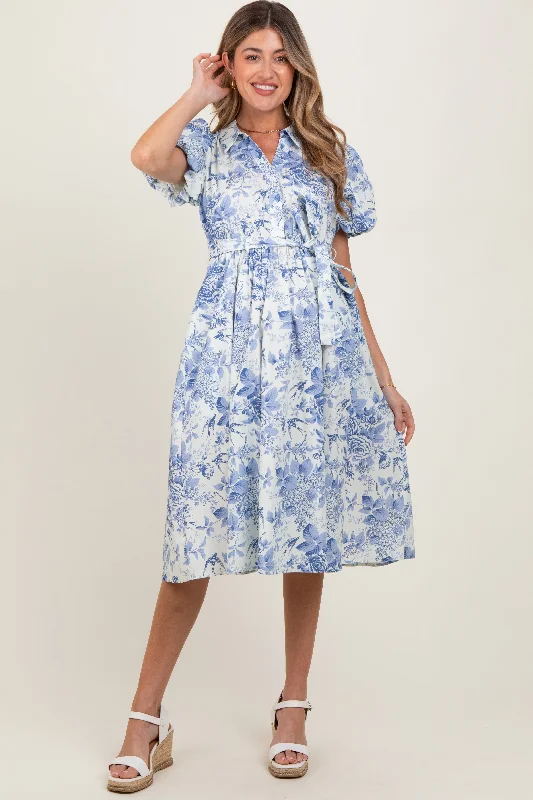 Faux Fur - Lined Casual Dresses for Winter Warmth Blue Floral Print Belted Maternity Midi Dress Faux Fur - Lined Casual Dresses for Winter Warmth Blue Floral Print Belted Maternity Midi Dress