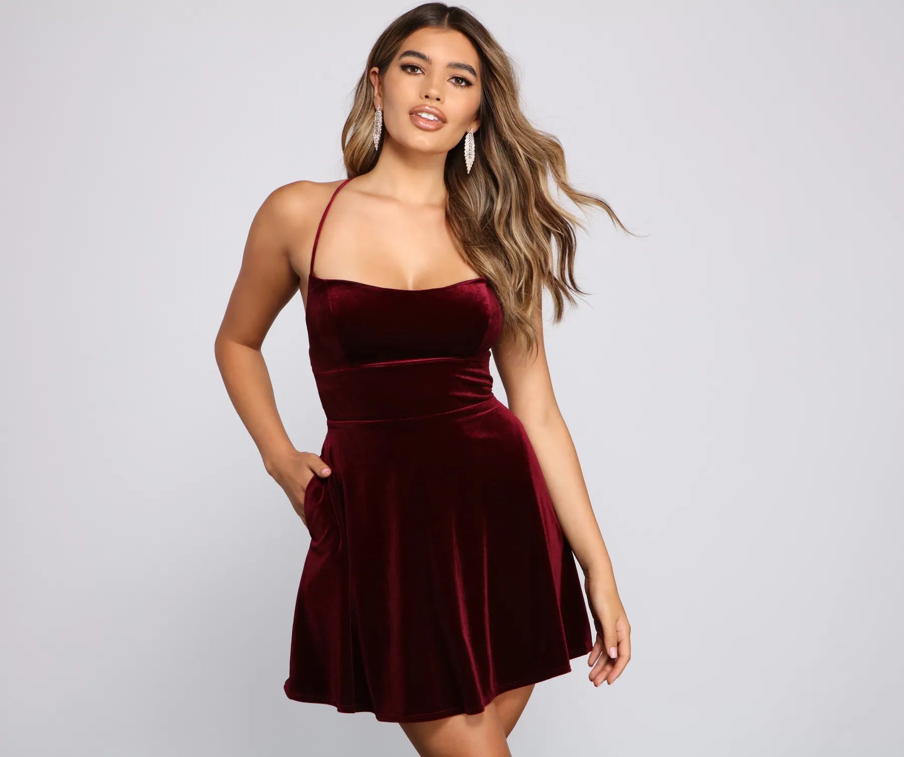 Mini dresses with high - low hems for a modern twist Amelia Lace-Up Back Velvet Skater Dress