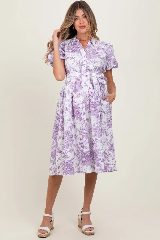 Drawstring - Waist Casual Dresses for Adjustable Tightness​ Lavender Floral Print Belted Maternity Midi Dress