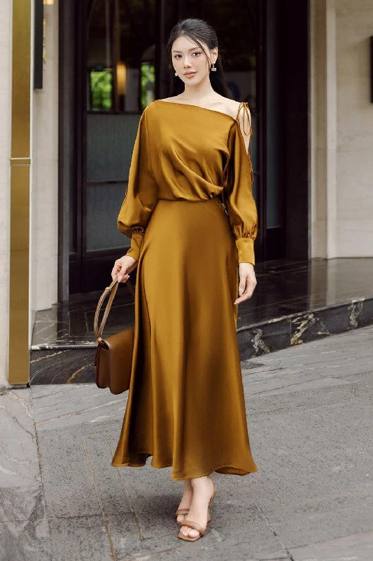Petite - Sized Casual Dresses for Smaller Frames Kristina Blouson Split Sleeved Silk Satin Ankle Length Dress Petite - Sized Casual Dresses for Smaller Frames Kristina Blouson Split Sleeved Silk Satin Ankle Length Dress