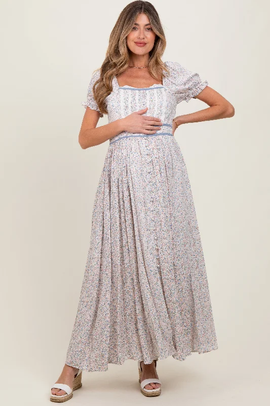 Drawstring - Waist Casual Dresses for Adjustable Tightness Cream Floral Lace Trim Maternity Maxi Dress Drawstring - Waist Casual Dresses for Adjustable Tightness Cream Floral Lace Trim Maternity Maxi Dress
