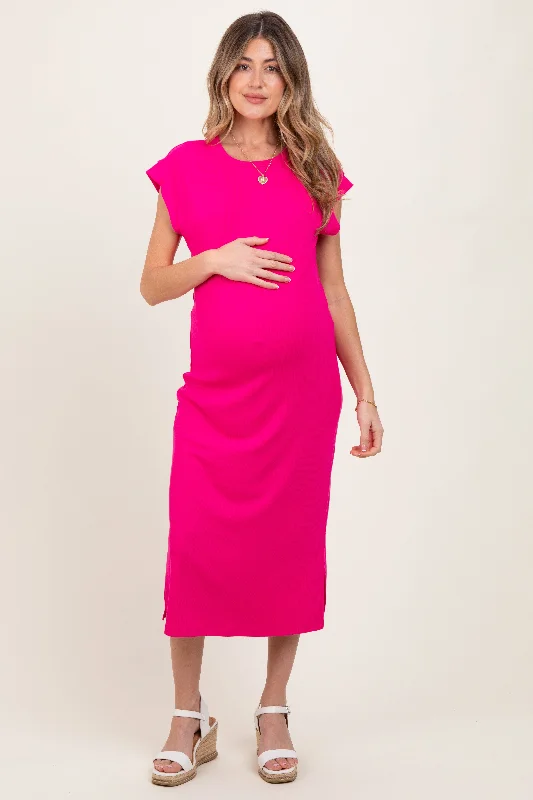 Geometric - Patterned Casual Dresses for a Modern Style Fuchsia Basic Dolman Sleeve Maternity Midi Dress Geometric - Patterned Casual Dresses for a Modern Style Fuchsia Basic Dolman Sleeve Maternity Midi Dress
