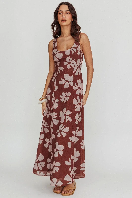 Picnic - Ready Casual Dresses in Bright Colors Lillia Floral A-Line Maxi Dress Brown Picnic - Ready Casual Dresses in Bright Colors Lillia Floral A-Line Maxi Dress Brown