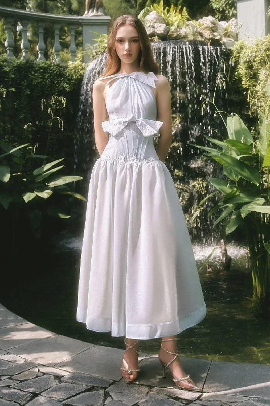 Denim - Patchwork Casual Dresses for a Unique Design Virginie Drop Waist Halter Neck Chiffon Midi Dress Denim - Patchwork Casual Dresses for a Unique Design Virginie Drop Waist Halter Neck Chiffon Midi Dress