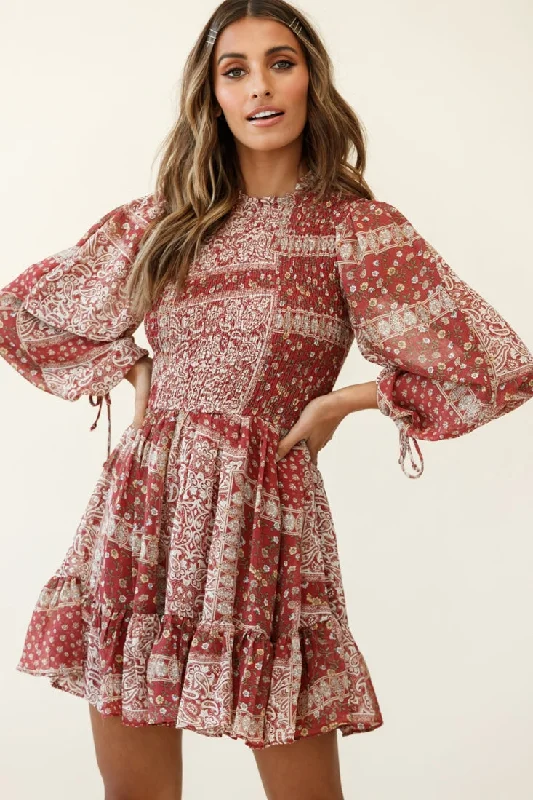 Mini dresses with belted waists for a defined silhouette Marja Long Balloon Sleeve Shirred Dress Paisley Print Burgundy Mini dresses with belted waists for a defined silhouette Marja Long Balloon Sleeve Shirred Dress Paisley Print Burgundy