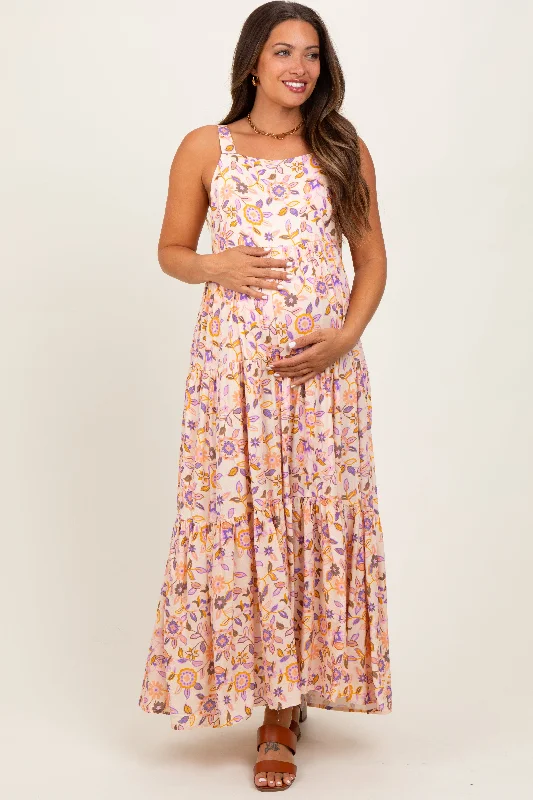 Sun - Protective Casual Dresses for Outdoor Activities Peach Floral Sleeveless Tiered Maternity Maxi Dress Sun - Protective Casual Dresses for Outdoor Activities Peach Floral Sleeveless Tiered Maternity Maxi Dress