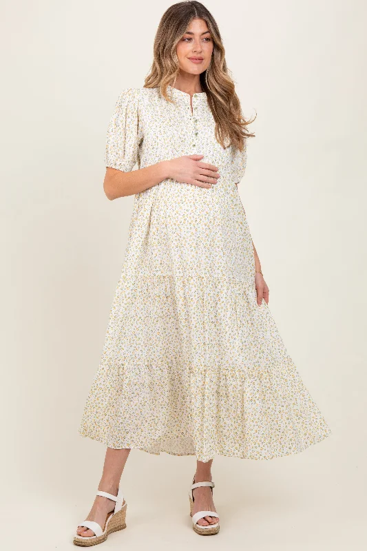 Metallic - Accented Casual Dresses for a Shiny Finish Green Iris Floral Button Maternity Maxi Dress Metallic - Accented Casual Dresses for a Shiny Finish Green Iris Floral Button Maternity Maxi Dress