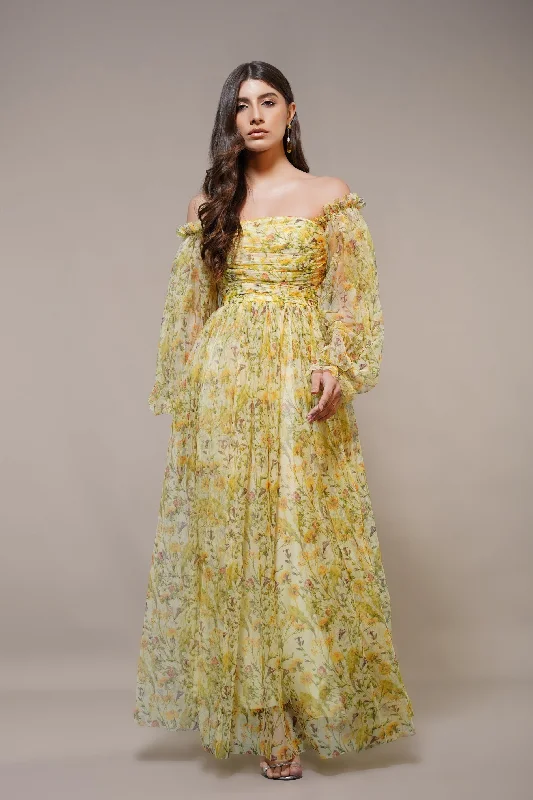 Midi Casual Dresses in Trendy Patterns​ Lana Yellow Printed Tulle Maxi Dress