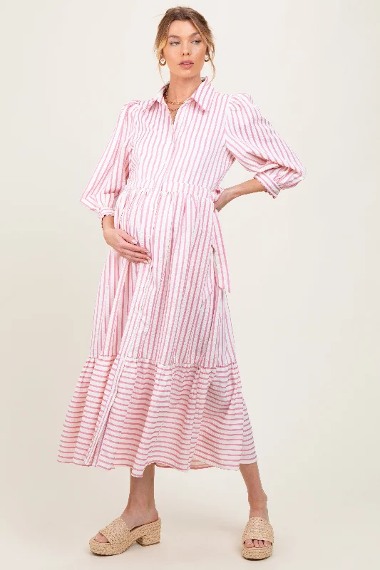 Party Casual Dresses for a Night Out​ Pink Striped Collar Maternity Maxi Dress