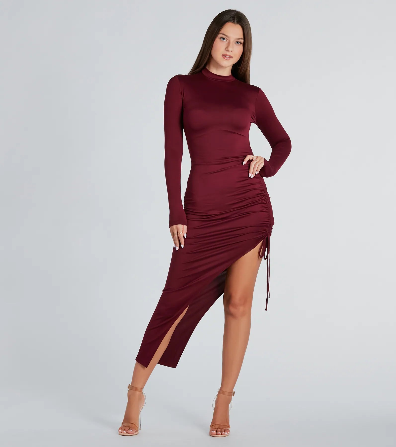 Denim Casual Dresses for a Casual and Durable Option In The Lineup Mock Neck High Slit Midi Dress Denim Casual Dresses for a Casual and Durable Option In The Lineup Mock Neck High Slit Midi Dress