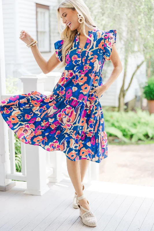 Detachable - Sleeve Casual Dresses for Versatility Make It Your Own Navy Blue Floral Tiered Dress Detachable - Sleeve Casual Dresses for Versatility Make It Your Own Navy Blue Floral Tiered Dress