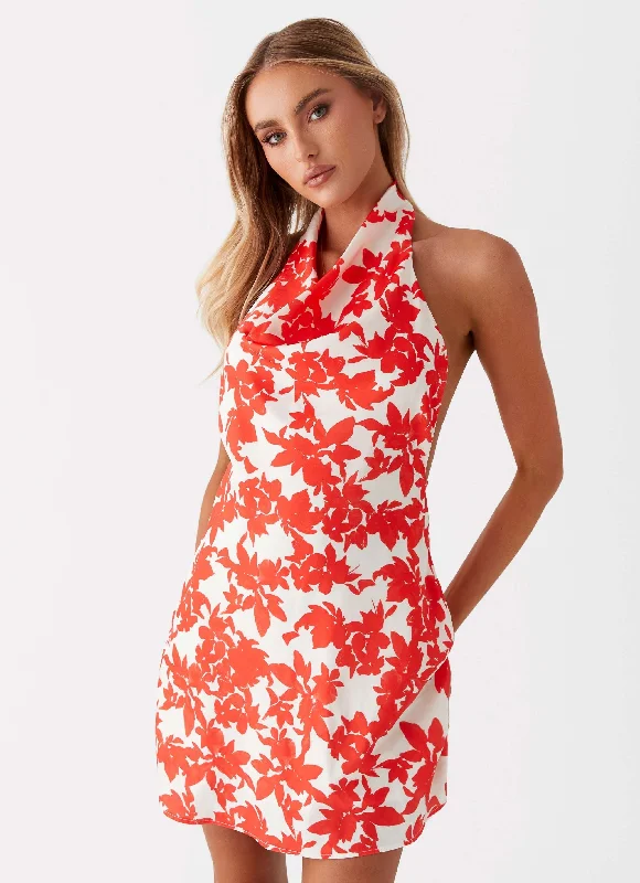 Beaded Casual Dresses for a Decorative Touch Carmine Bouquet Cowl Neck Mini Dress - Red Floral Beaded Casual Dresses for a Decorative Touch Carmine Bouquet Cowl Neck Mini Dress - Red Floral