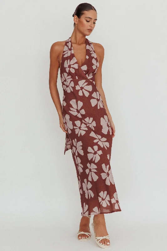 Spring - Season Casual Dresses in Fresh Colors Italia Azure Halterneck Floral Maxi Dress Brown Spring - Season Casual Dresses in Fresh Colors Italia Azure Halterneck Floral Maxi Dress Brown