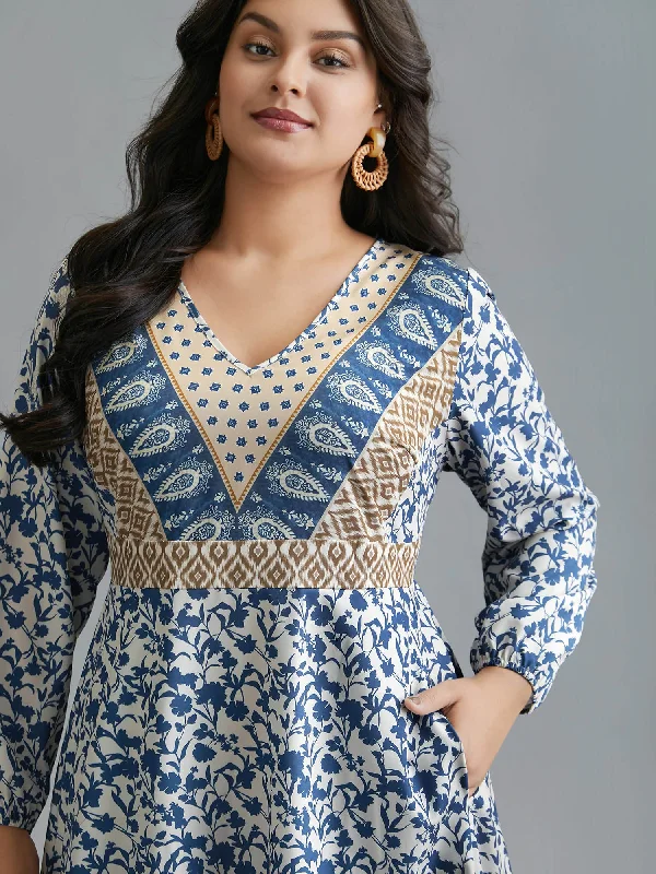 Rain - Resistant Casual Dresses for Wet Weather Boho Print V-Neck Waist Cinched Midi Dress Rain - Resistant Casual Dresses for Wet Weather Boho Print V-Neck Waist Cinched Midi Dress