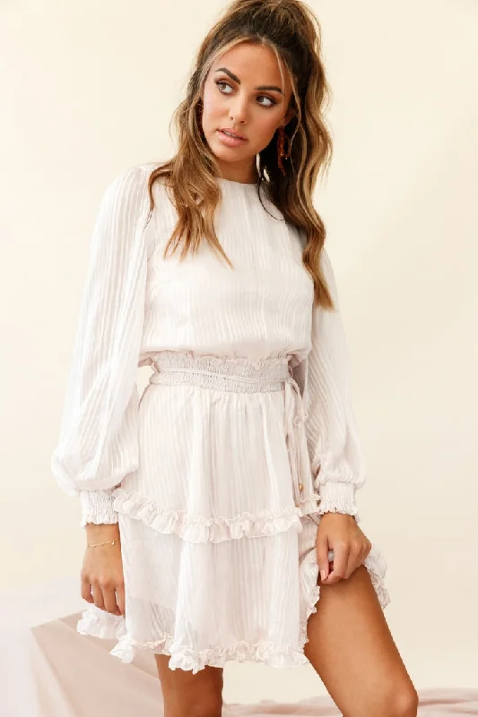 Mini dresses with empire waists for a flattering fit Mildred Long Sleeve Shirred Waist Frill Dress Nude Mini dresses with empire waists for a flattering fit Mildred Long Sleeve Shirred Waist Frill Dress Nude