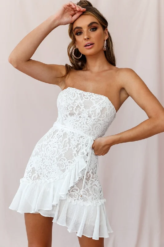 Mini dresses with tiered skirts for added volume Banksia Lace Bandeau Wrap Dress White