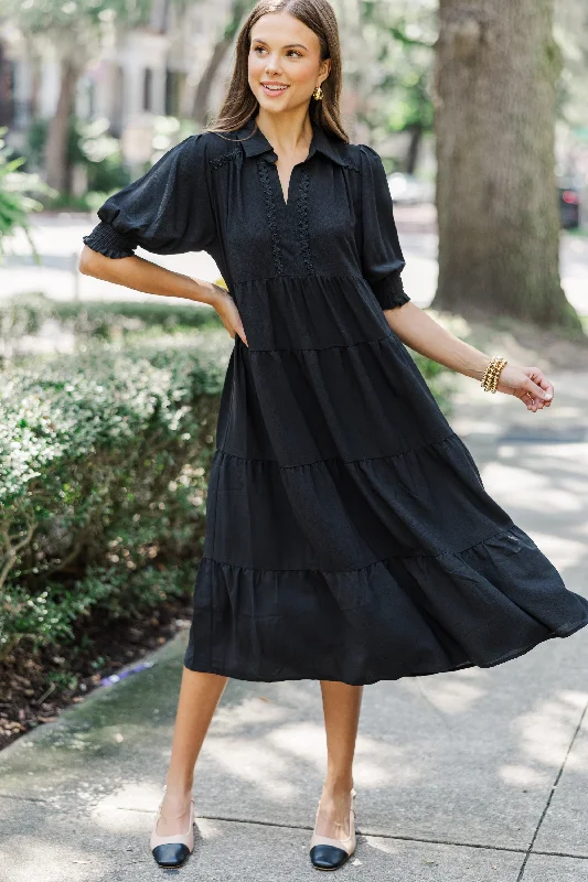 Rayon Casual Dresses for a Soft Feel​ Looking For You Black Tiered Midi Dress