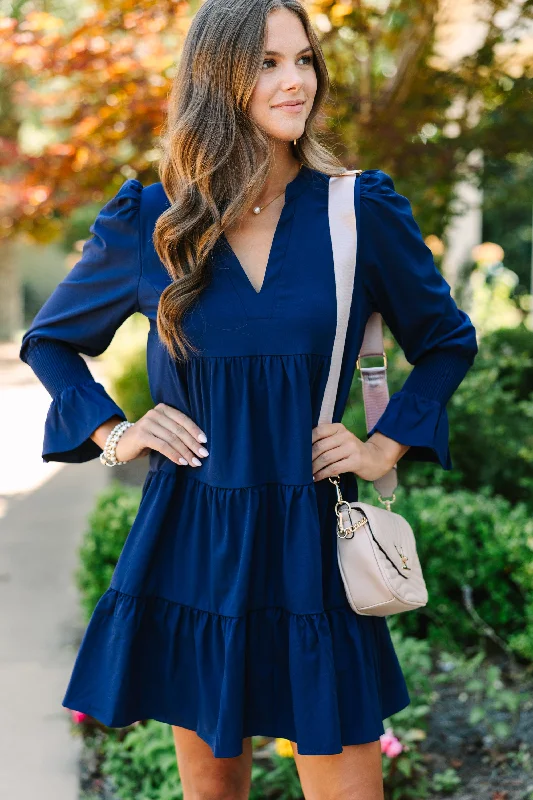 Belted Casual Dresses to Define the Waist​ In Your Happy Place Navy Blue Dress