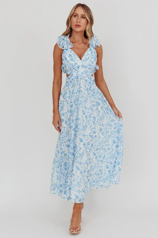 Cotton - Linen Blend Casual Dresses​ Madara Lace-Up Back Maxi Dress Flowers Blue