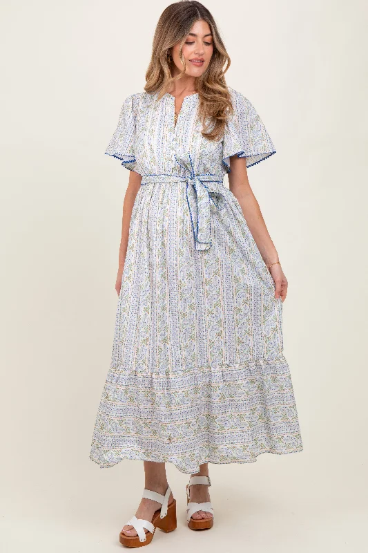 Petite - Sized Casual Dresses for Smaller Frames Blue Floral Flutter Sleeve Waist Tie Maternity Maxi Dress Petite - Sized Casual Dresses for Smaller Frames Blue Floral Flutter Sleeve Waist Tie Maternity Maxi Dress