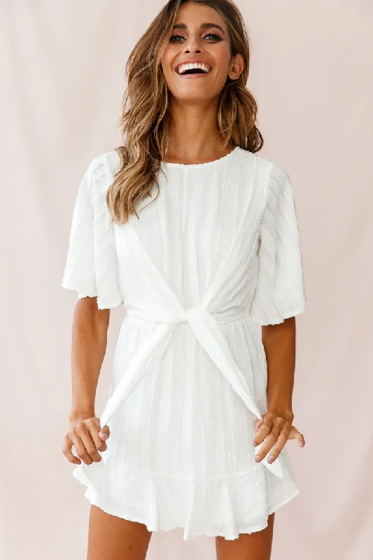 Mini dresses with bow accents for a sweet look Knowing Tie-Front Frill Hem Dress White Mini dresses with bow accents for a sweet look Knowing Tie-Front Frill Hem Dress White