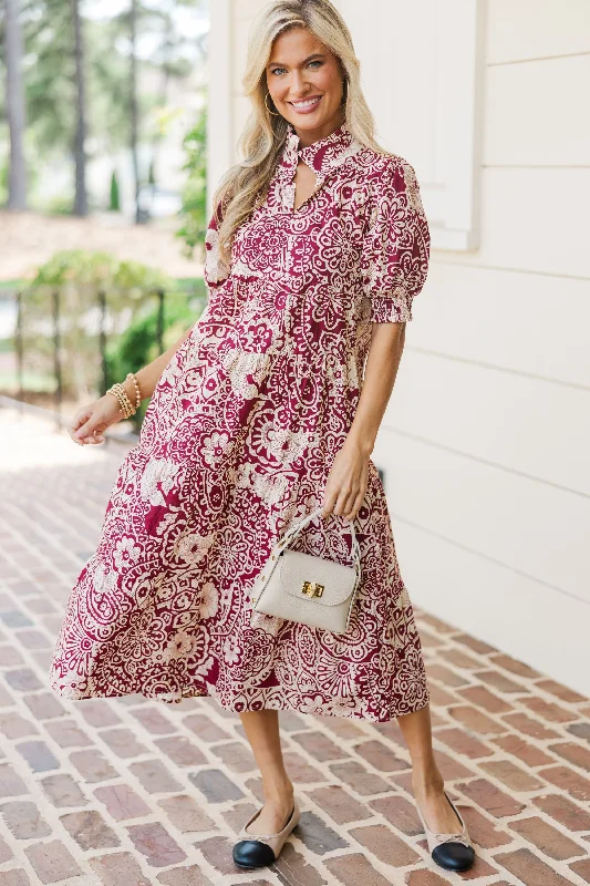 Pleated Casual Dresses for a Structured Look Take You There Sangria Red Abstract Midi Dress Pleated Casual Dresses for a Structured Look Take You There Sangria Red Abstract Midi Dress