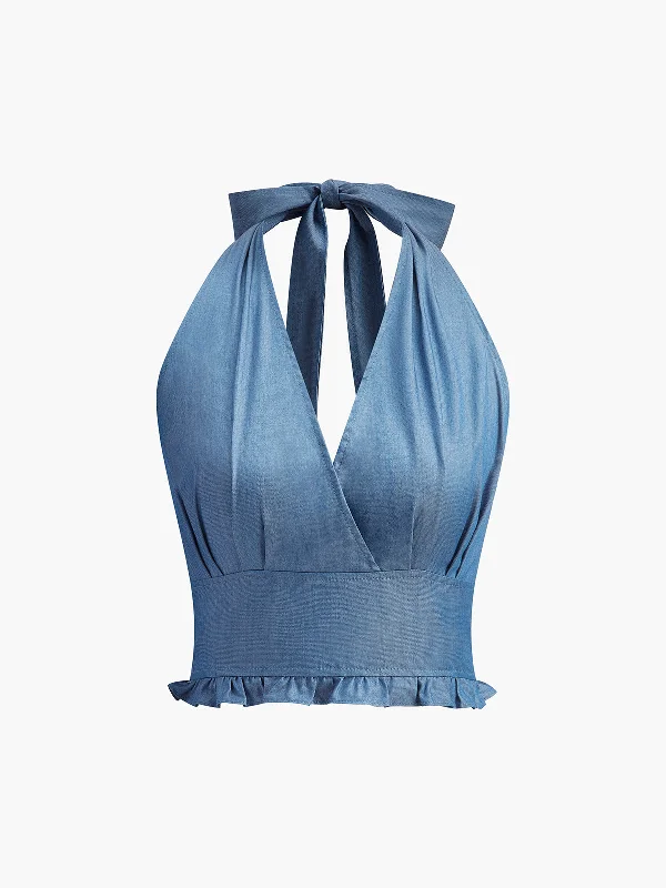 Satin Casual Dresses with a Shiny Finish​ Ruffled Hem Denim Halter Top