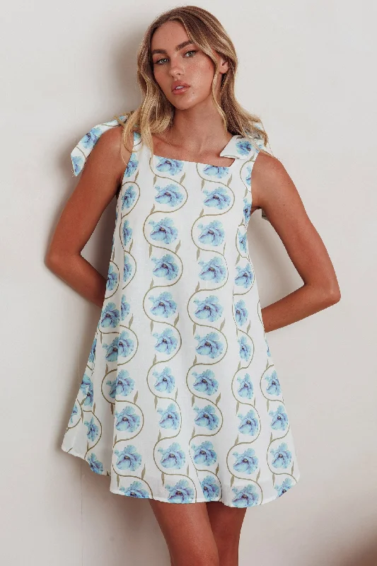Tie - Waist Casual Dresses for Adjustable Fit Annalee Tied Shoulder Mini Dress Floral Blue Tie - Waist Casual Dresses for Adjustable Fit Annalee Tied Shoulder Mini Dress Floral Blue