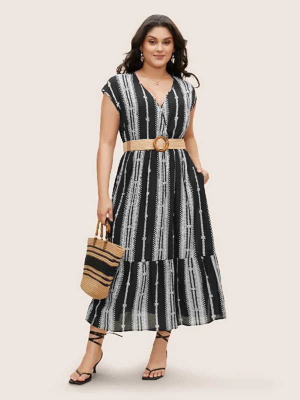 Detachable - Sleeve Casual Dresses for Versatility V Neck Striped Batwing Sleeve Ruffle Hem Dress Detachable - Sleeve Casual Dresses for Versatility V Neck Striped Batwing Sleeve Ruffle Hem Dress
