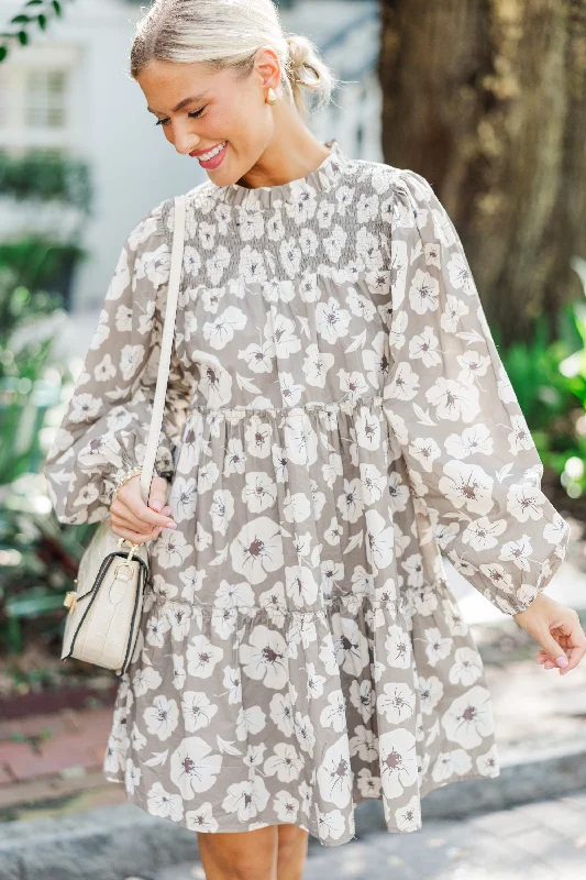 Celebrity - Inspired Casual Dresses for a Fashionable Look​ Be Your Best Taupe Brown Floral Babydoll Dress