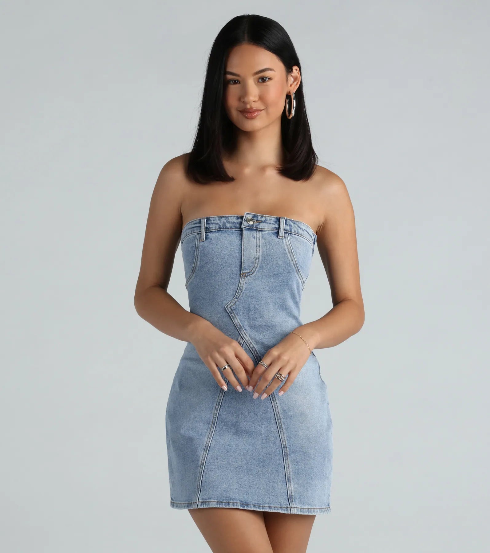 Scarf - Accented Casual Dresses for Added Style The 90s Are Calling Denim Strapless Mini Dress Scarf - Accented Casual Dresses for Added Style The 90s Are Calling Denim Strapless Mini Dress