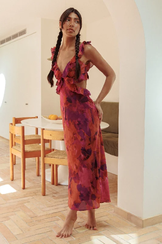 Drawstring - Waist Casual Dresses for Adjustable Tightness Second Chances Ruffle Trim Maxi Dress Flowers Dark Rose Drawstring - Waist Casual Dresses for Adjustable Tightness Second Chances Ruffle Trim Maxi Dress Flowers Dark Rose