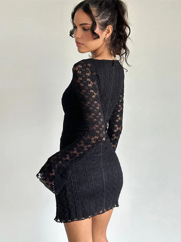Leather - Look Casual Dresses for a Tough Style Semi-Sheer Textured Lace Short Dress Leather - Look Casual Dresses for a Tough Style Semi-Sheer Textured Lace Short Dress
